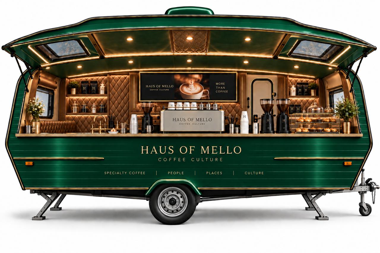 The deep green Mello Caravan with gold trim and open service window