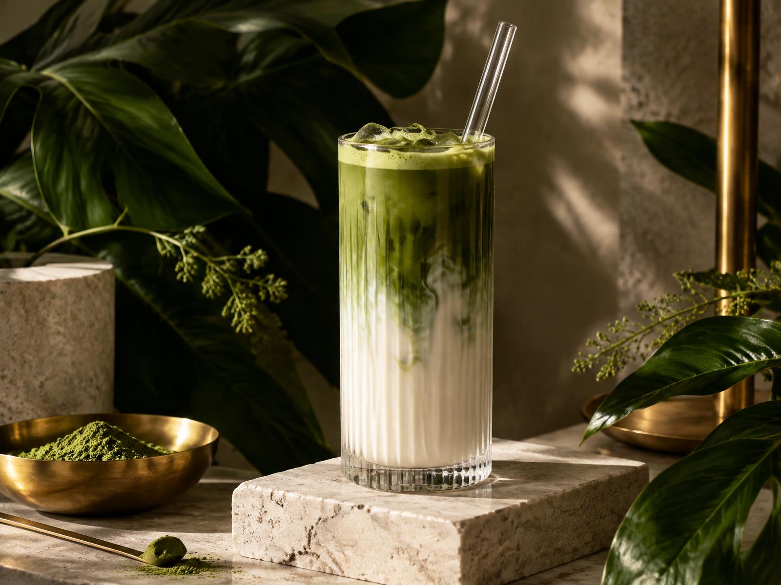 Mello matcha in fluted glassware
