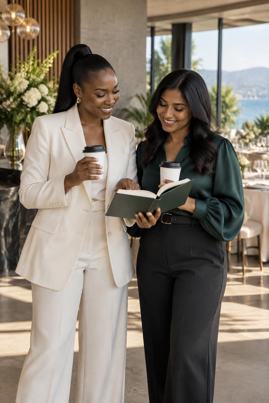 Conceptual scene of two South African entrepreneurs discussing an event opportunity over coffee