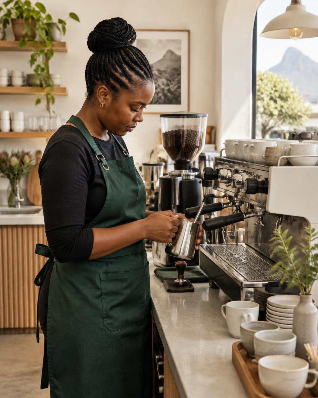 Illustrative barista preparing milk at an espresso machine