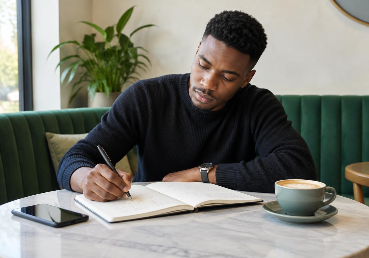 Conceptual scene of an entrepreneur turning an idea into a practical plan