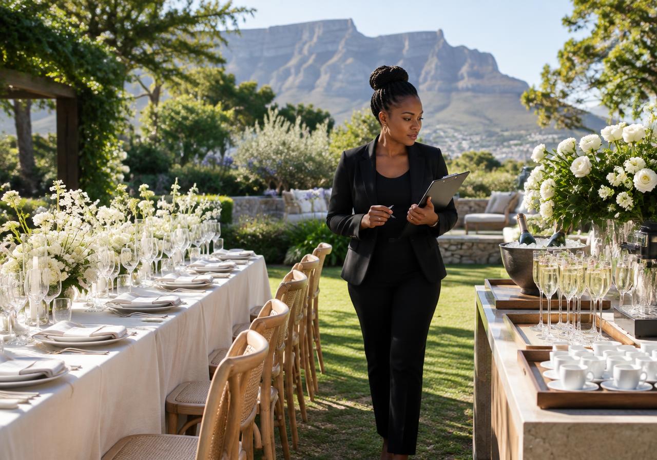 Conceptual scene of an event organiser checking an outdoor celebration and beverage setting