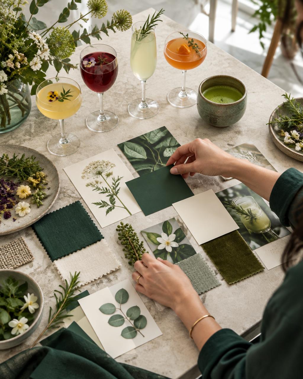 Conceptual beverage experience design with botanical samples, colour swatches and glasses