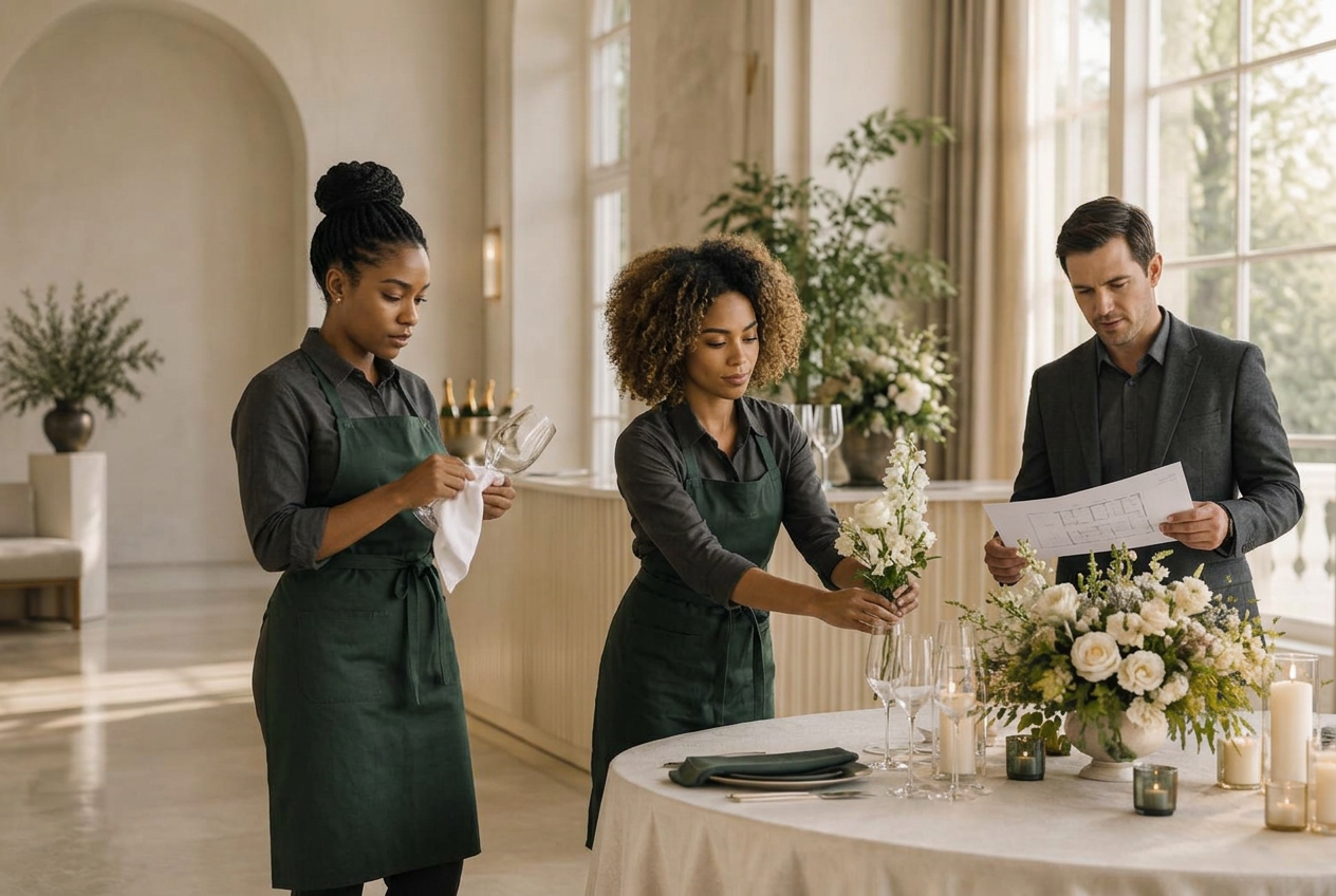 Conceptual scene of skilled hospitality professionals bringing a shared event vision to life