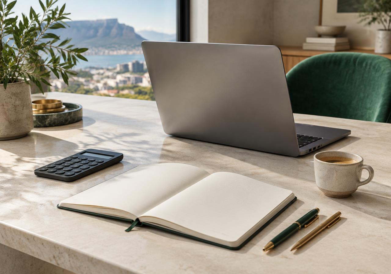 Illustrative contemporary workspace with a notebook, calculator and laptop