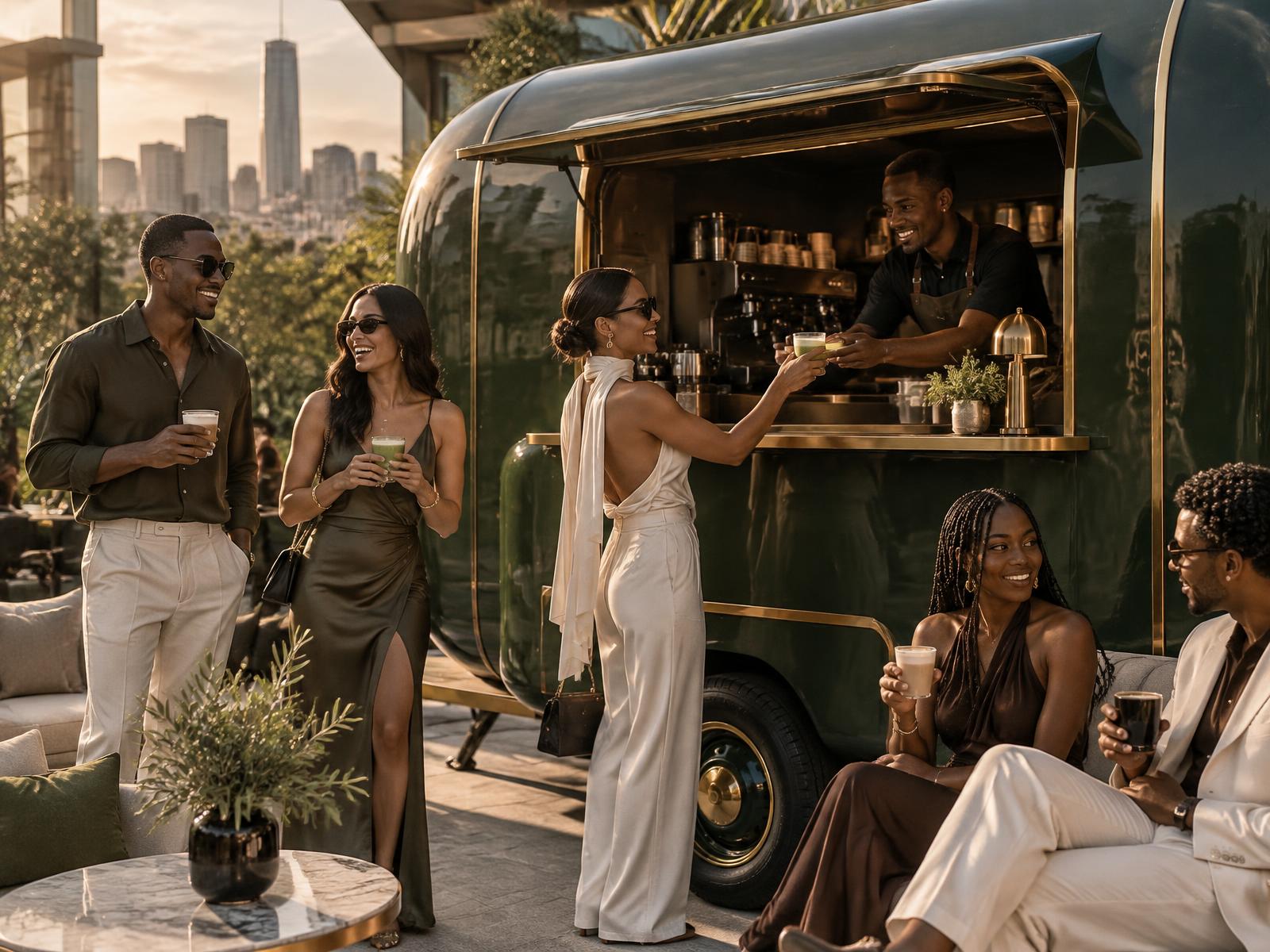 Friends gathering around a refined mobile beverage caravan